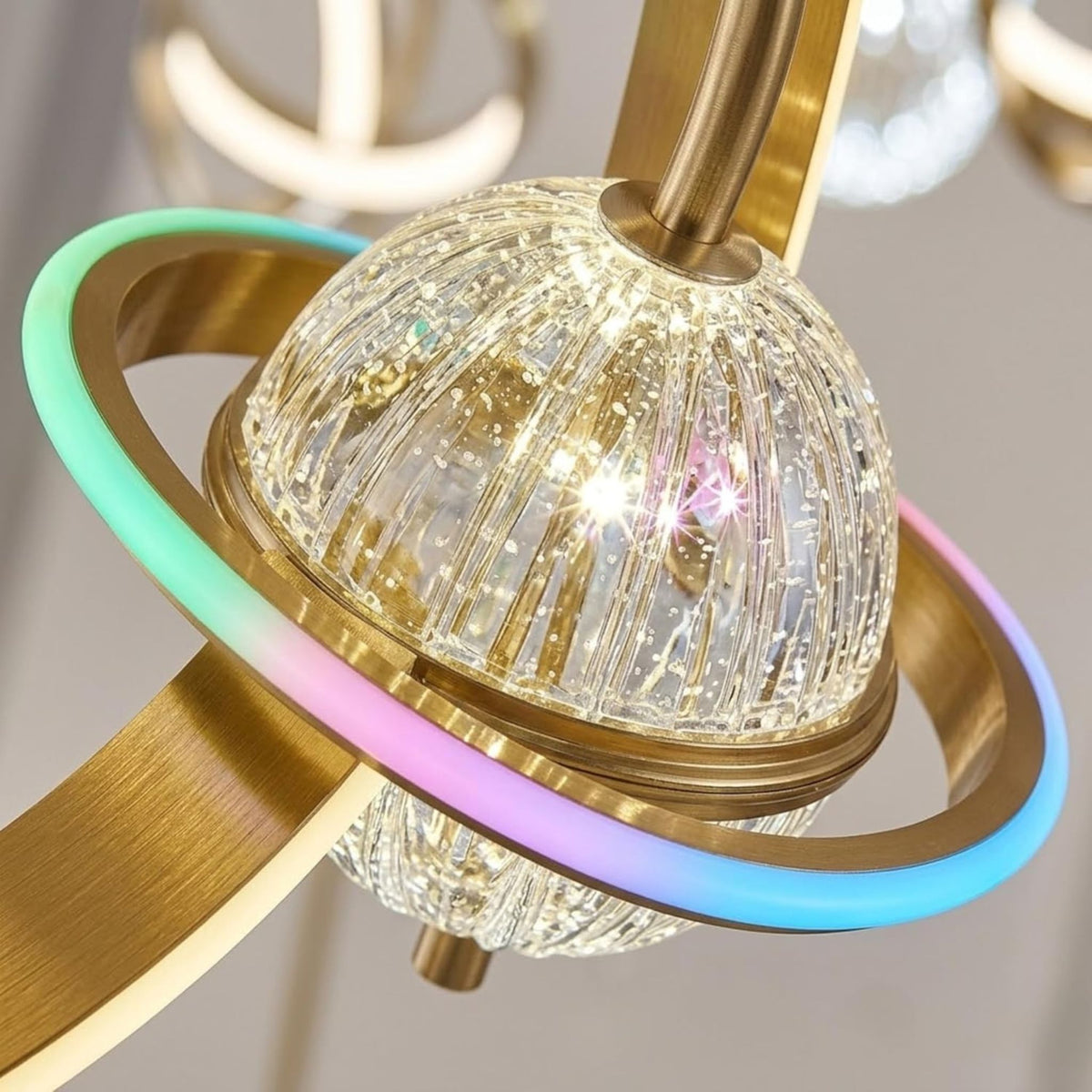 Modern RGB LED Ring Chandelier Pendant Light | Luxury Gold Hanging Ceiling Lamp with Crystal Ball Design | Adjustable Decorative Light for Bedroom, Living Room, Dining Hall & Home Décor