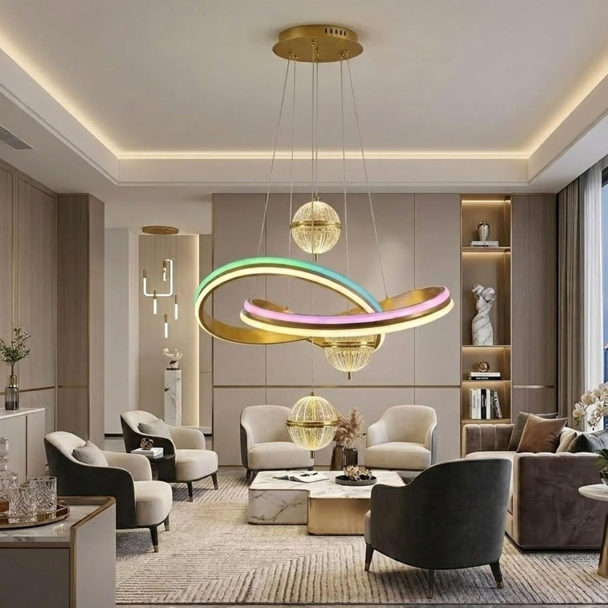 Modern RGB LED Ring Chandelier Pendant Light | Luxury Gold Hanging Ceiling Lamp with Crystal Ball Design | Adjustable Decorative Light for Bedroom, Living Room, Dining Hall & Home Décor