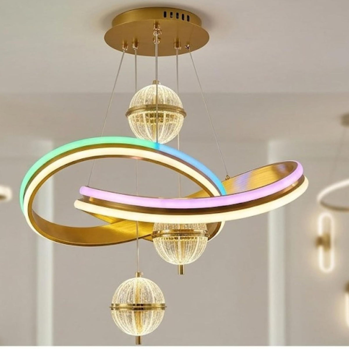 Modern RGB LED Ring Chandelier Pendant Light | Luxury Gold Hanging Ceiling Lamp with Crystal Ball Design | Adjustable Decorative Light for Bedroom, Living Room, Dining Hall & Home Décor