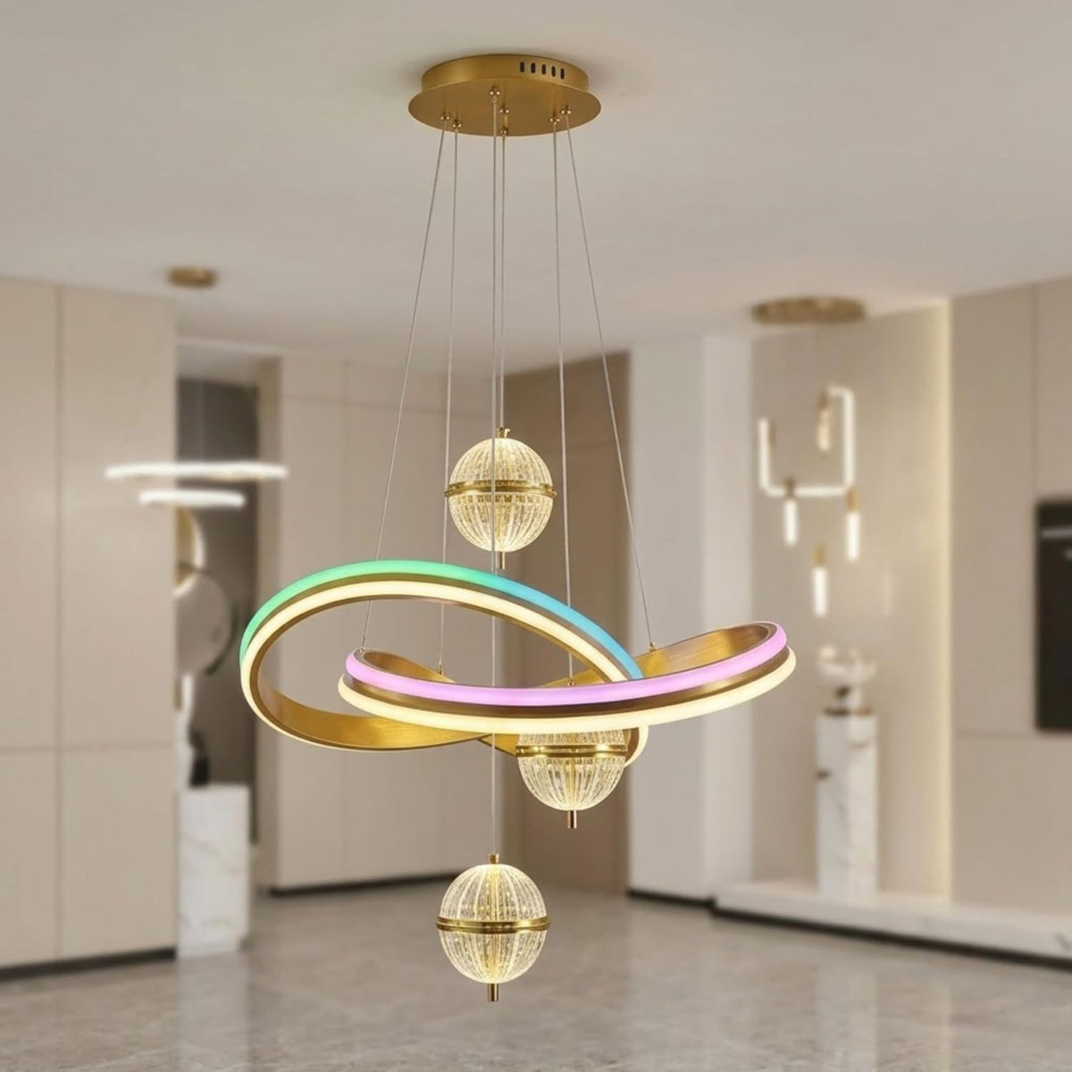 Modern RGB LED Ring Chandelier Pendant Light | Luxury Gold Hanging Ceiling Lamp with Crystal Ball Design | Adjustable Decorative Light for Bedroom, Living Room, Dining Hall & Home Décor